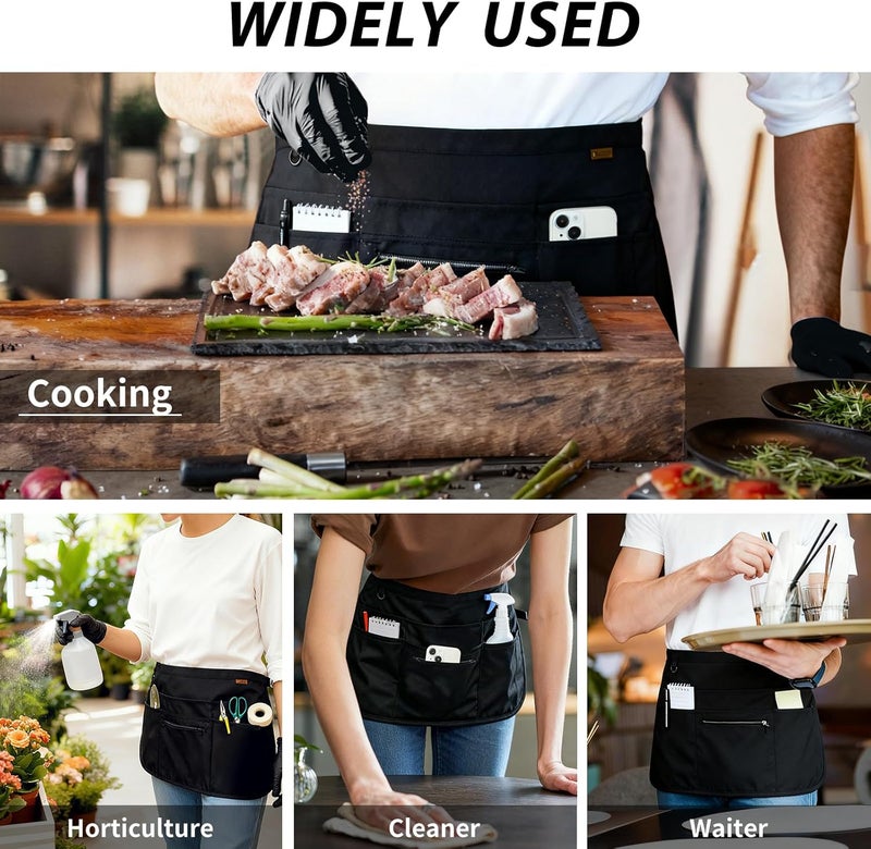 BOHARERS Black Waitress Apron 7 Pockets Server Apron with Buckle Closure & Zippered Money Pouch Stain Resistant - Image 5